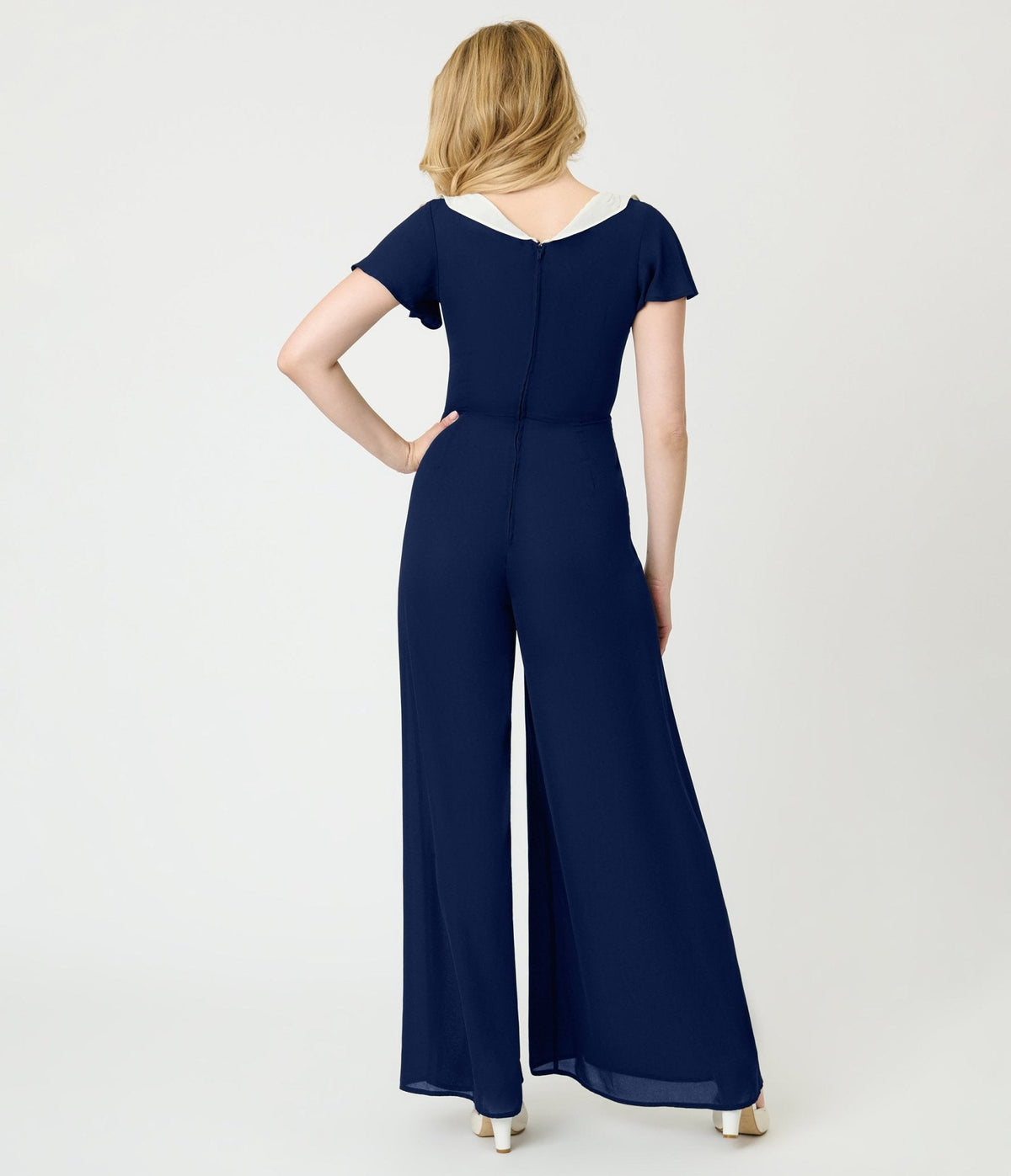 Unique Vintage Navy Blue Wide Leg Jumpsuit