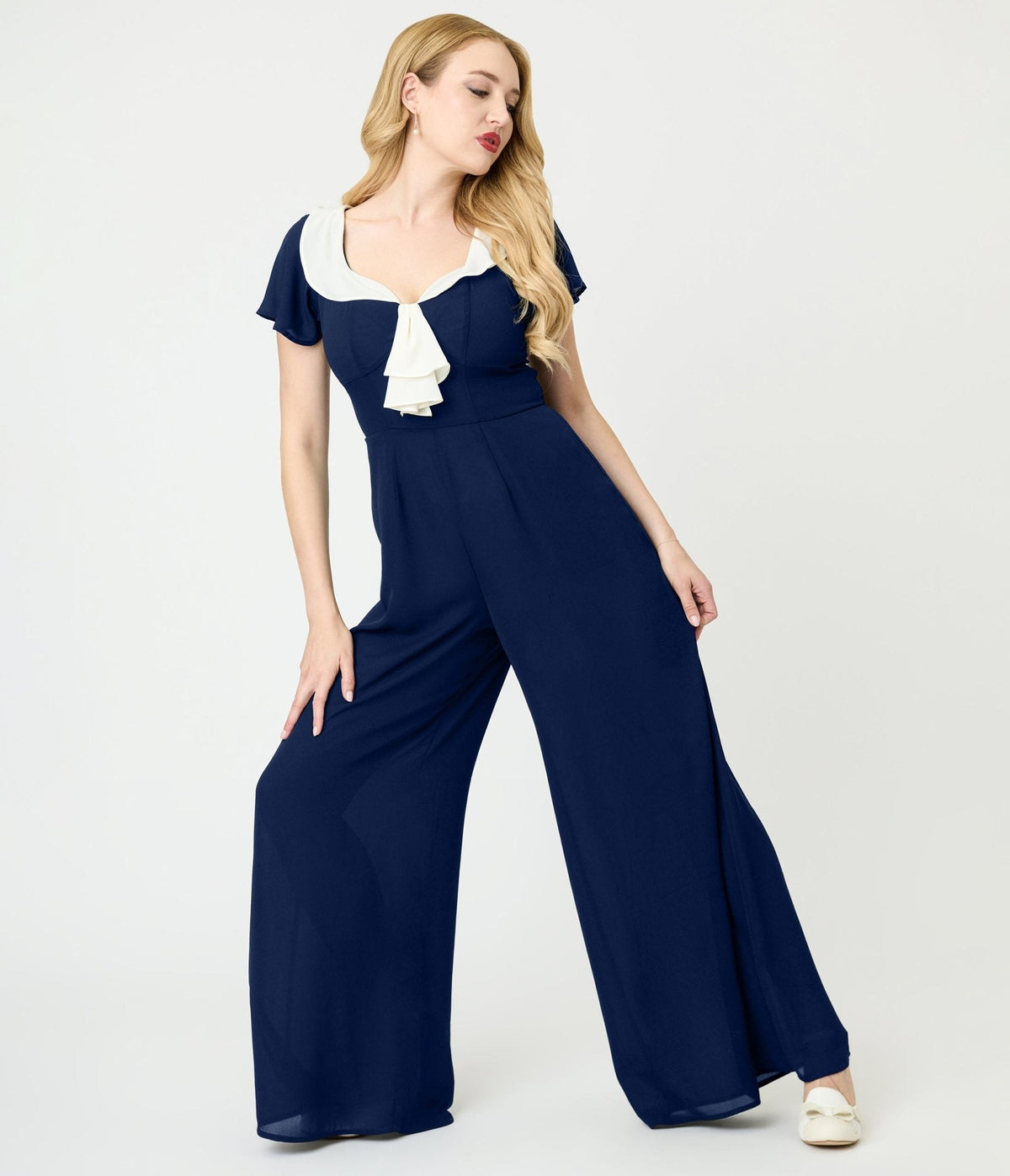 Unique Vintage Navy Blue Wide Leg Jumpsuit