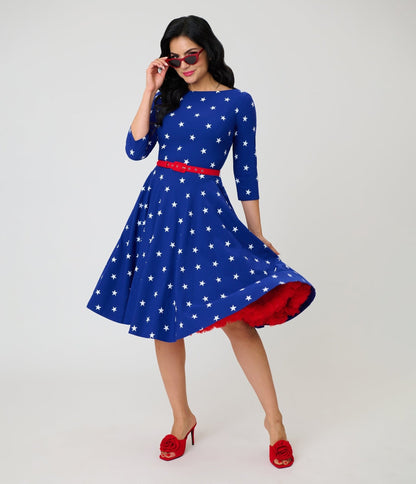 Unique Vintage Navy & White Star Devon Swing Dress