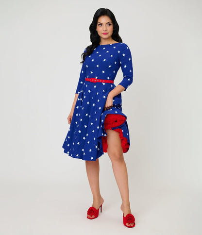 Unique Vintage Navy & White Star Devon Swing Dress