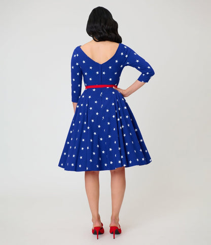 Unique Vintage Navy & White Star Devon Swing Dress