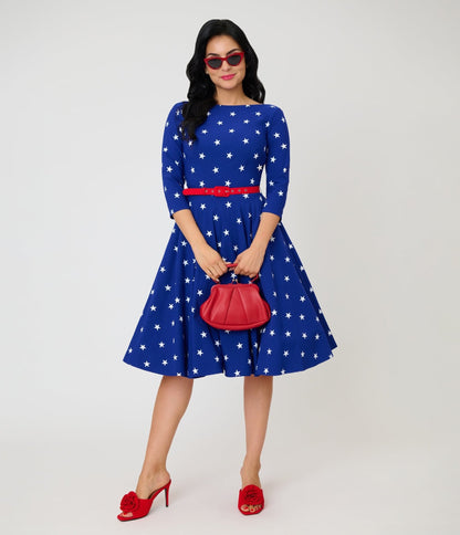 Unique Vintage Navy & White Star Devon Swing Dress