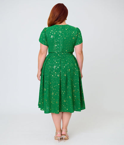 Unique Vintage Plus Size Green & Gold Star Dahlia Swing Dress