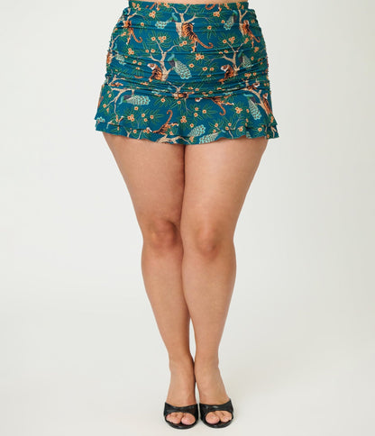 Unique Vintage Plus Size Green Tiger Print Alice Swim Skirt