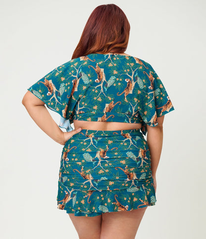 Unique Vintage Plus Size Green Tiger Print Alice Swim Skirt