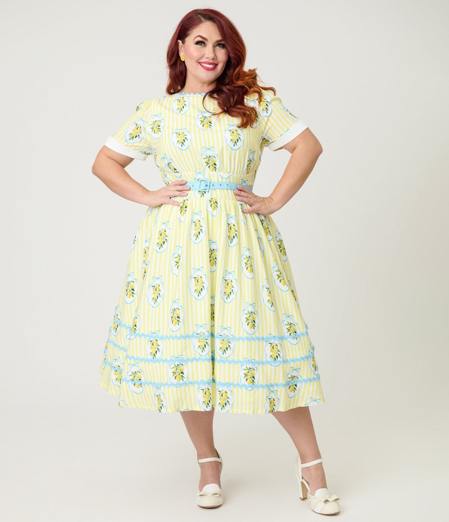 Unique Vintage Plus Size  Yellow Lemon Striped Swing Dress