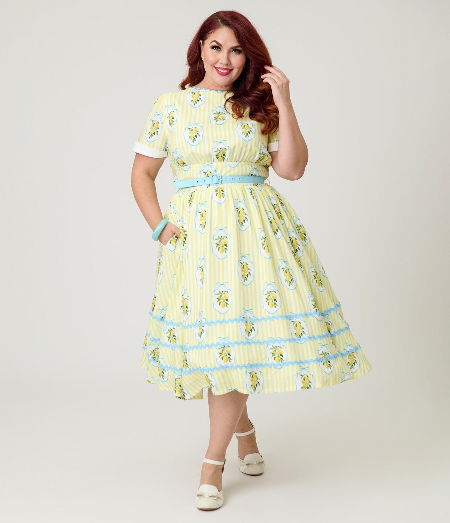 Unique Vintage Plus Size  Yellow Lemon Striped Swing Dress