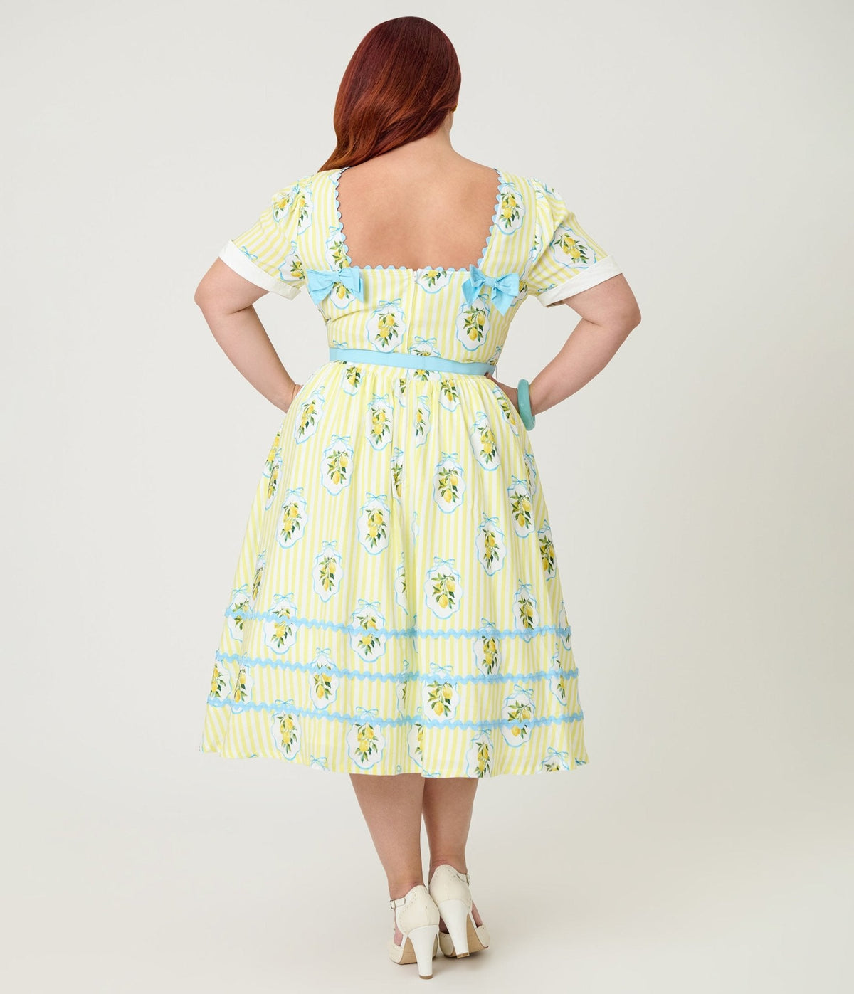 Unique Vintage Plus Size  Yellow Lemon Striped Swing Dress