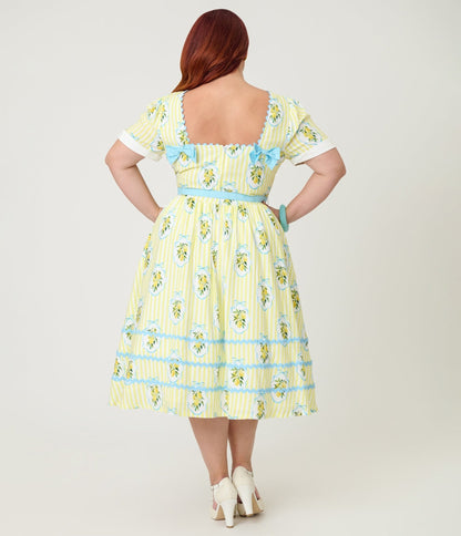 Unique Vintage Plus Size  Yellow Lemon Striped Swing Dress