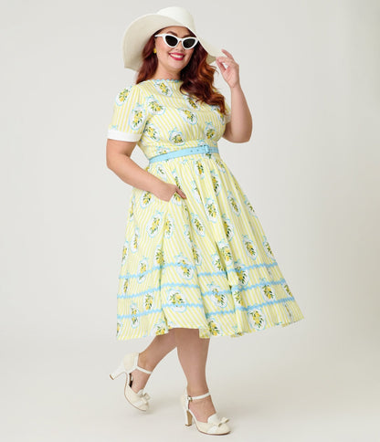 Unique Vintage Plus Size  Yellow Lemon Striped Swing Dress