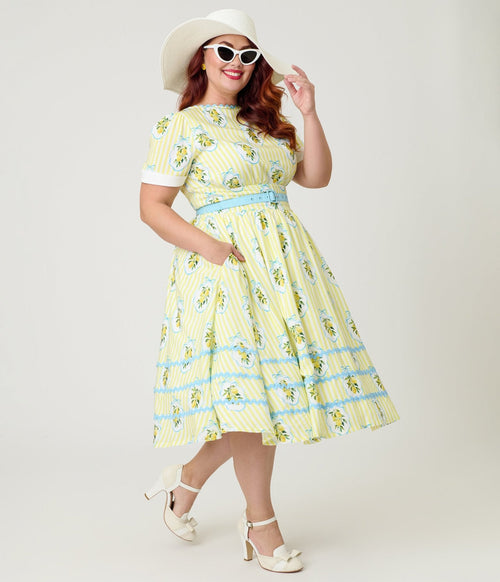Unique Vintage Plus Size  Yellow Lemon Striped Swing Dress