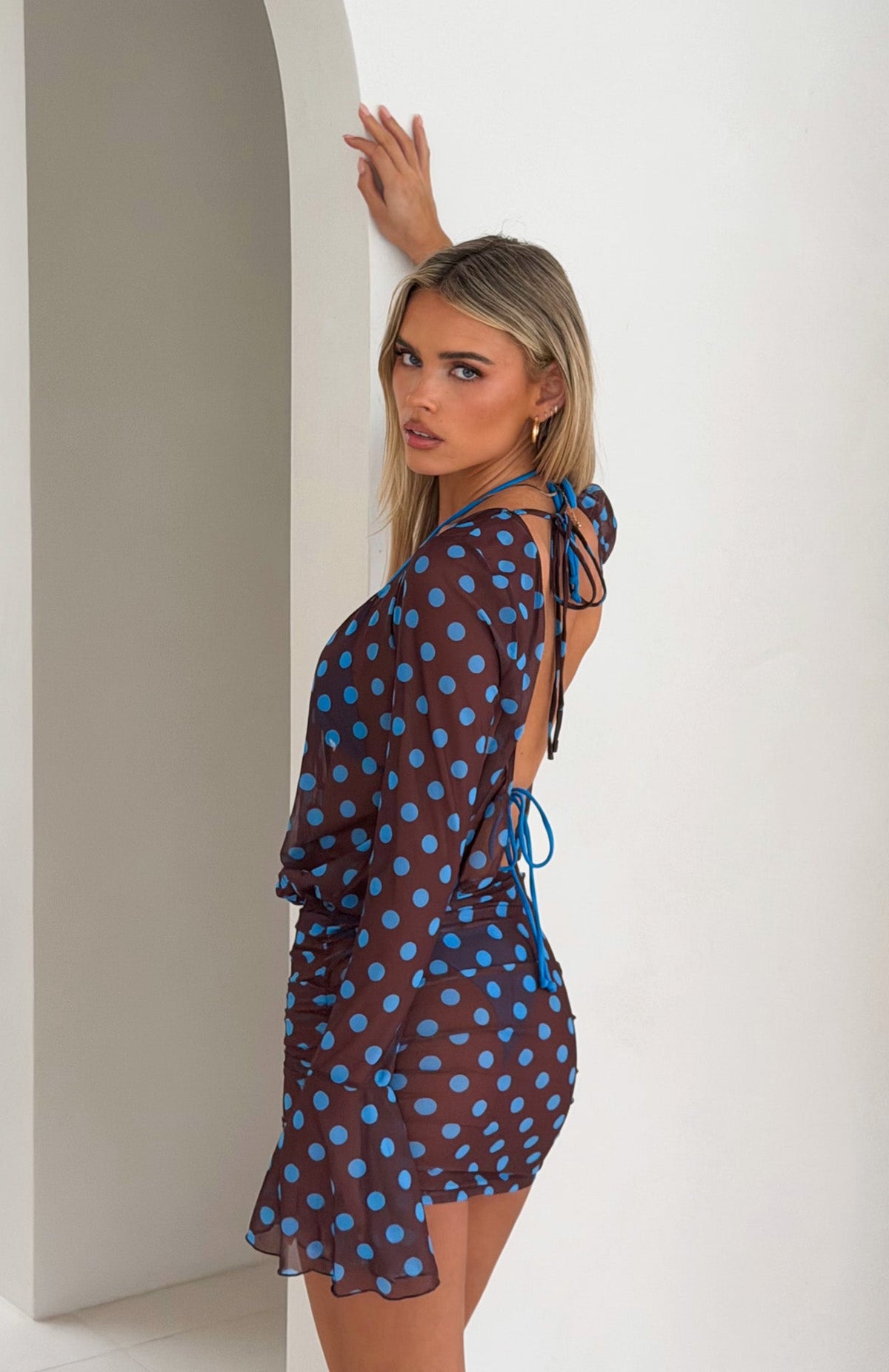 Half Moon Long Sleeve Mini Dress Choc & Blue Polka Dot
