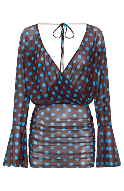 Half Moon Long Sleeve Mini Dress Choc & Blue Polka Dot