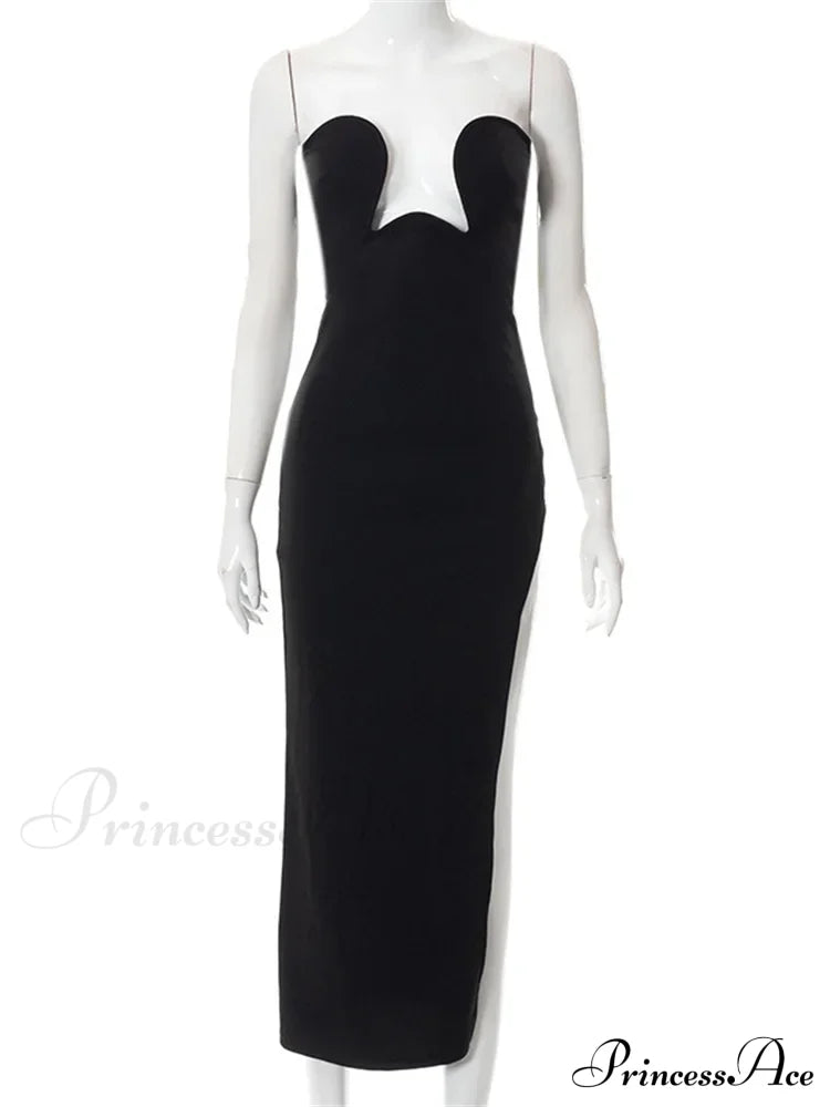 Women Elegant Low Cut Black Solid Sleeveless Satrpless Off Shoulder Push Up High Split Vestidos Party