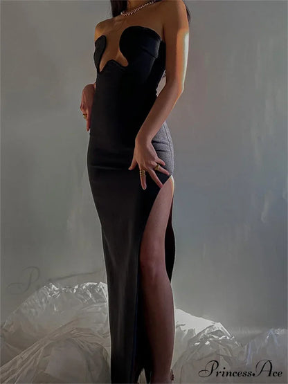 Women Elegant Low Cut Black Solid Sleeveless Satrpless Off Shoulder Push Up High Split Vestidos Party