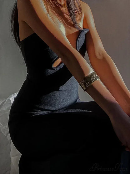 Women Elegant Low Cut Black Solid Sleeveless Satrpless Off Shoulder Push Up High Split Vestidos Party