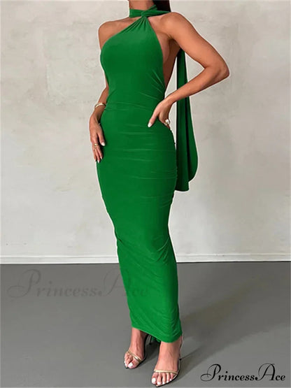 Women Halter Lace-up Sleeveless Off Shoulder Backless Ruched Party Club Solid Color Female Vestidos