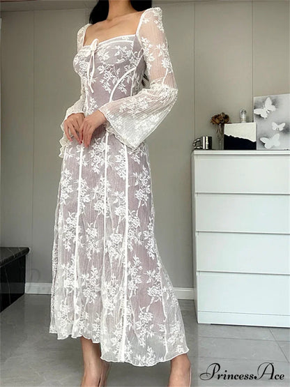 Women Lace Flower Flare Sleeve Square Neck Tie-up Spring Fall Solid Party Female Vestidos