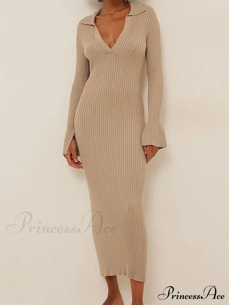 Women Ribbed Knitted   Flare Sleeve Lapel Solid Color Bodycon Party Going Out Female Vestido