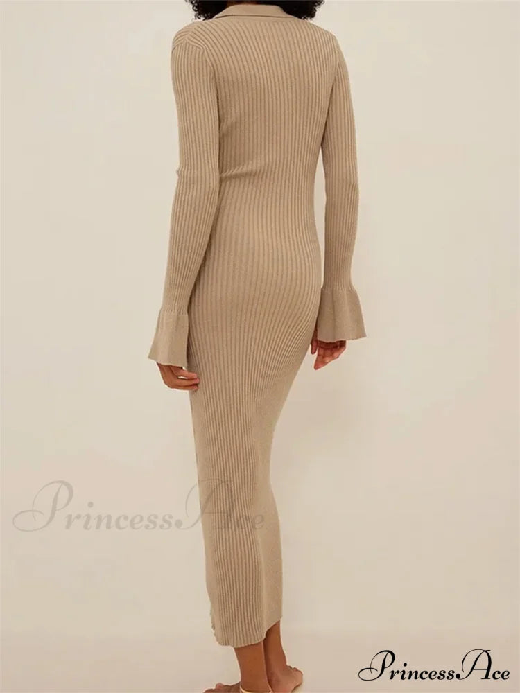 Women Ribbed Knitted   Flare Sleeve Lapel Solid Color Bodycon Party Going Out Female Vestido