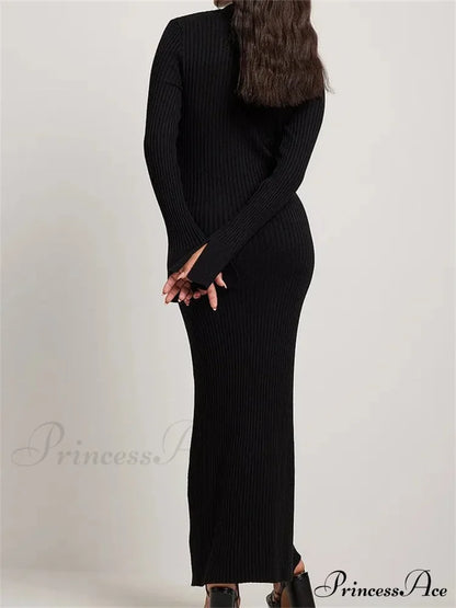 Women Ribbed Knitted   Flare Sleeve Lapel Solid Color Bodycon Party Going Out Female Vestido
