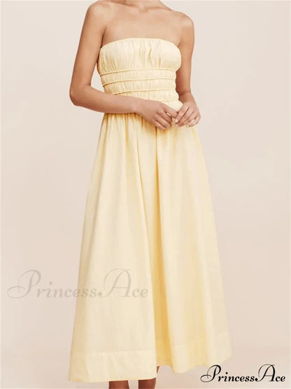 Women Ruched Strapless Tube Solid Summer Backless Party A-Line for Cocktail Streetwear Aesthetic Vestidos