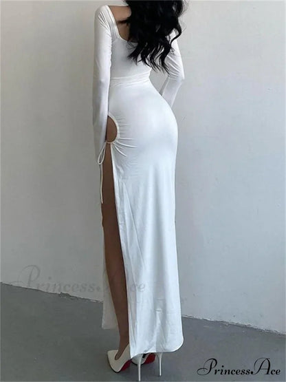Women Sleeve Low-cut Tie-up Solid Color Slim Fit Cocktail Party High Split Female Vestidos
