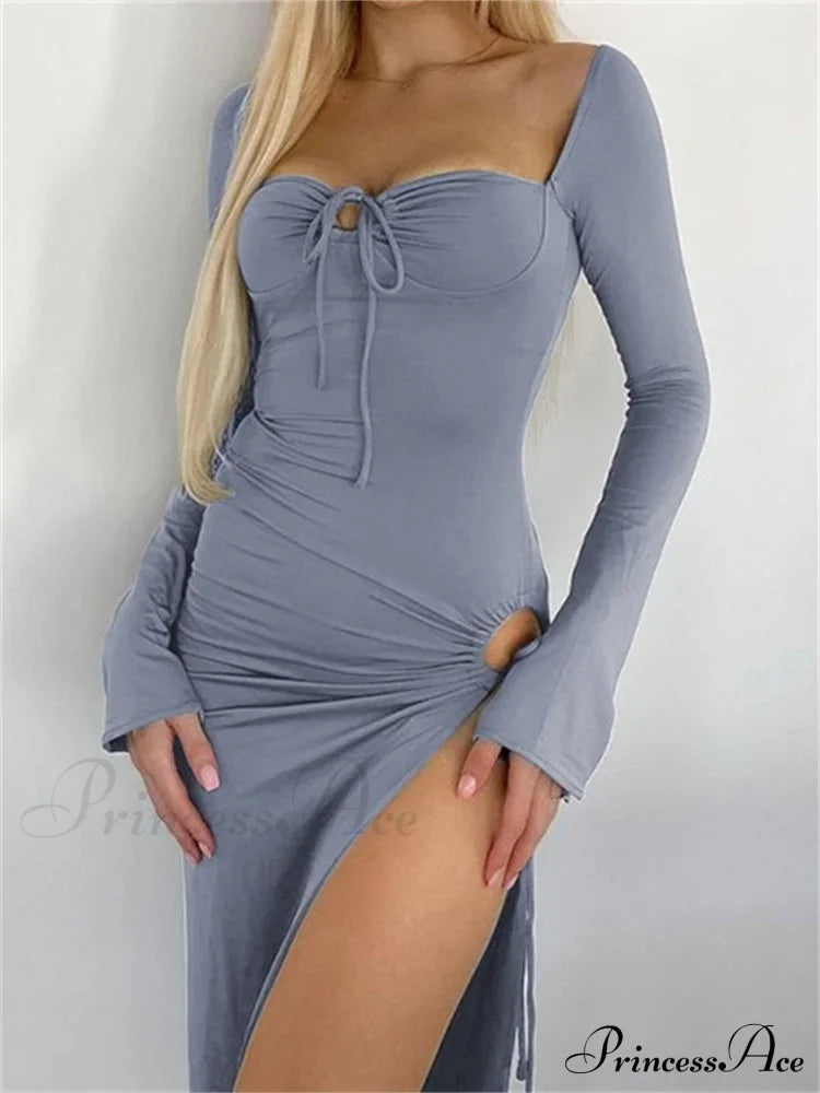 Women Sleeve Low-cut Tie-up Solid Color Slim Fit Cocktail Party High Split Female Vestidos