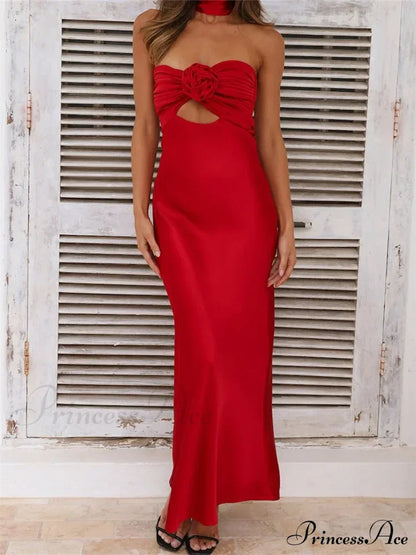 Women Summer Satin Tube Solid Color Strapless Off Shoulder Slim 3D Flower Vestidos with Scarf