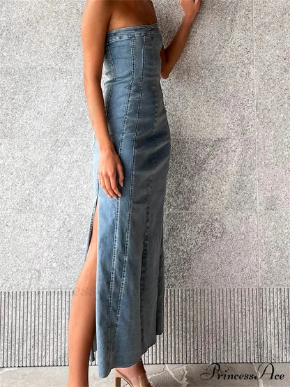 Women Tube Strapless Backless Denim Back Zip Up Summer Side Split Club Party Female Vestidos