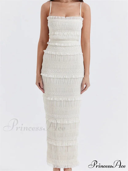 Y2K Ruched Sleeveless Strap Sling for Women Ruffles Square Neck Low Cut Back Split Female Vestidos